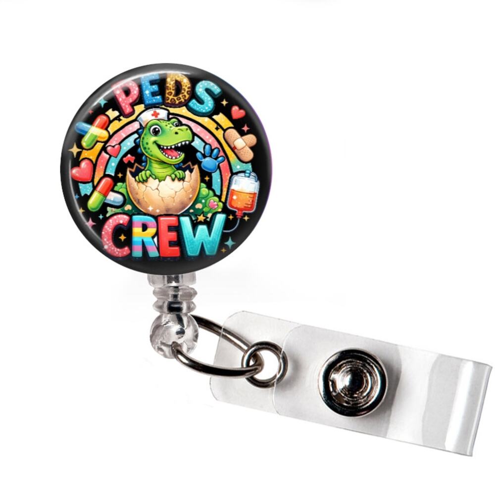 Peds Crew Badge Reel Pediatric Nurse Dinosaur RN ID Holder